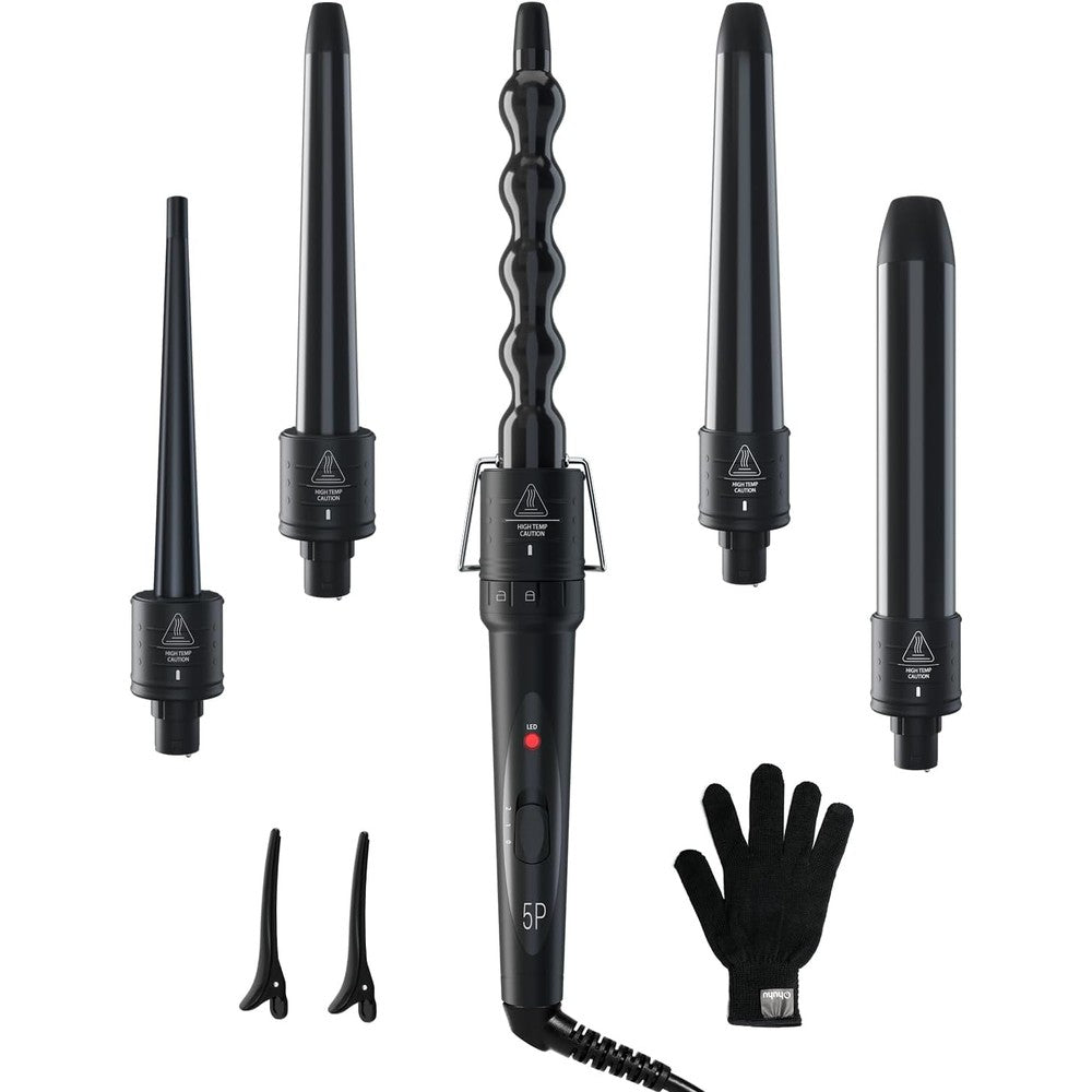 Ohuhu 5 in 1 Curling Iron Wand Set with interchangeable barrels front view