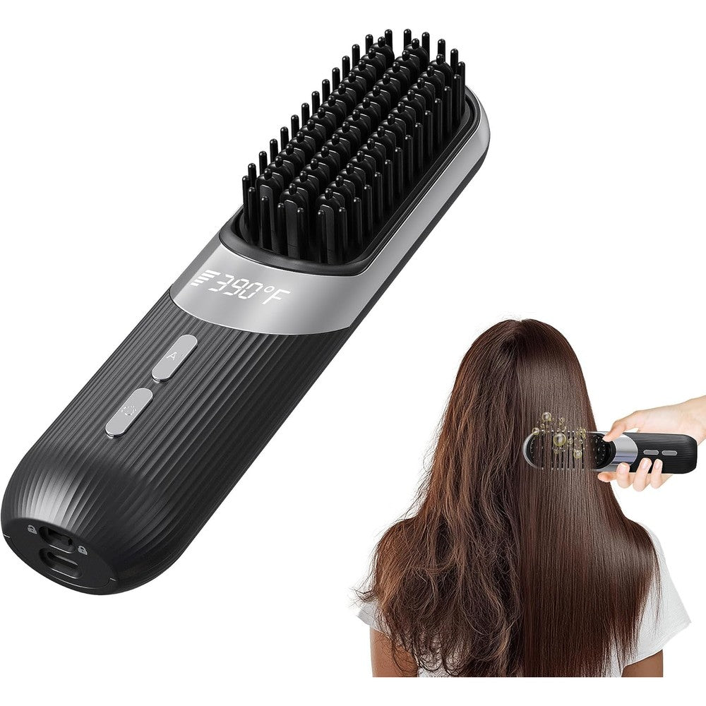 Qeowuo 2-in-1 cordless hair styling brush in black front view