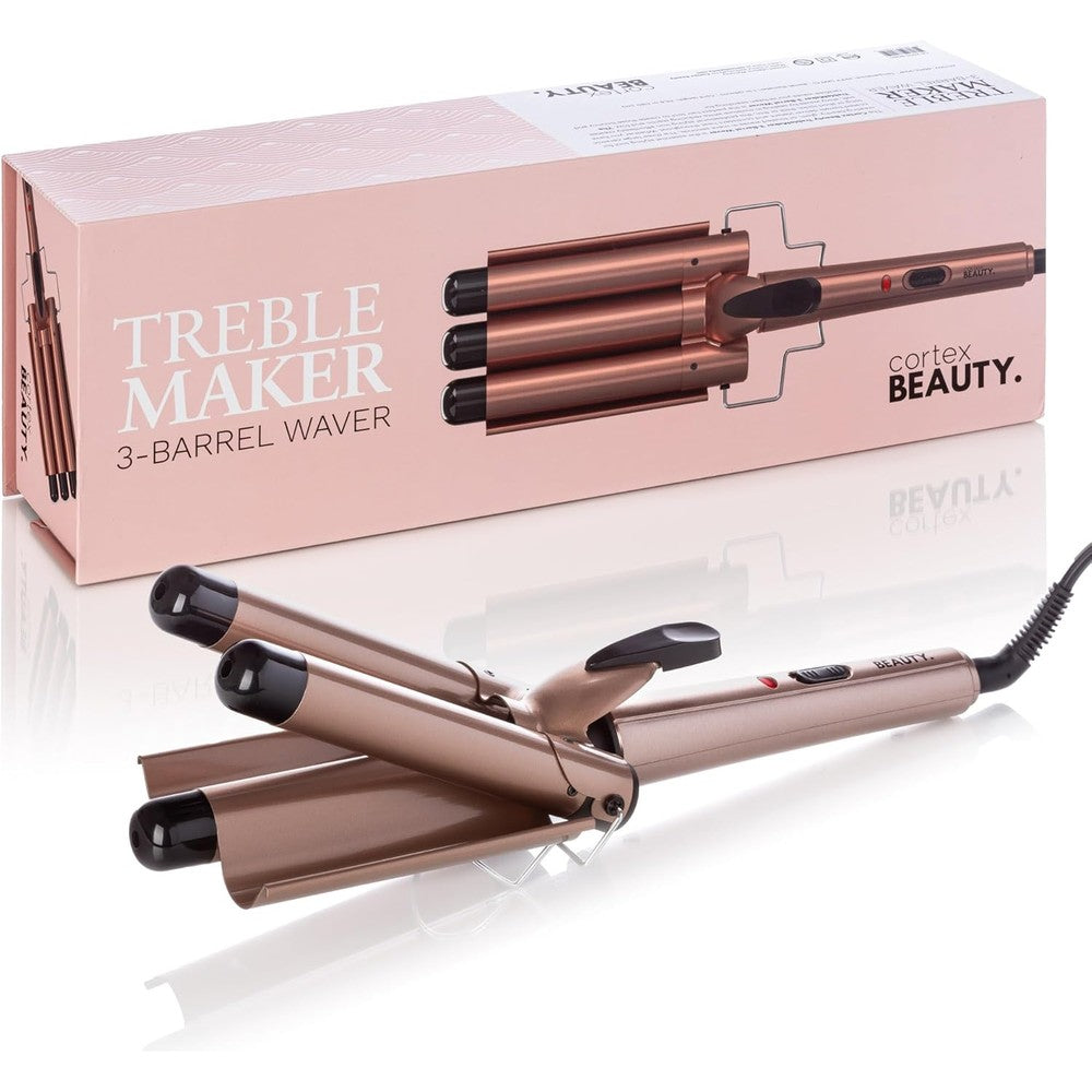 Cortex International Beauty Wave Maker front view showing three rose gold ceramic barrels.