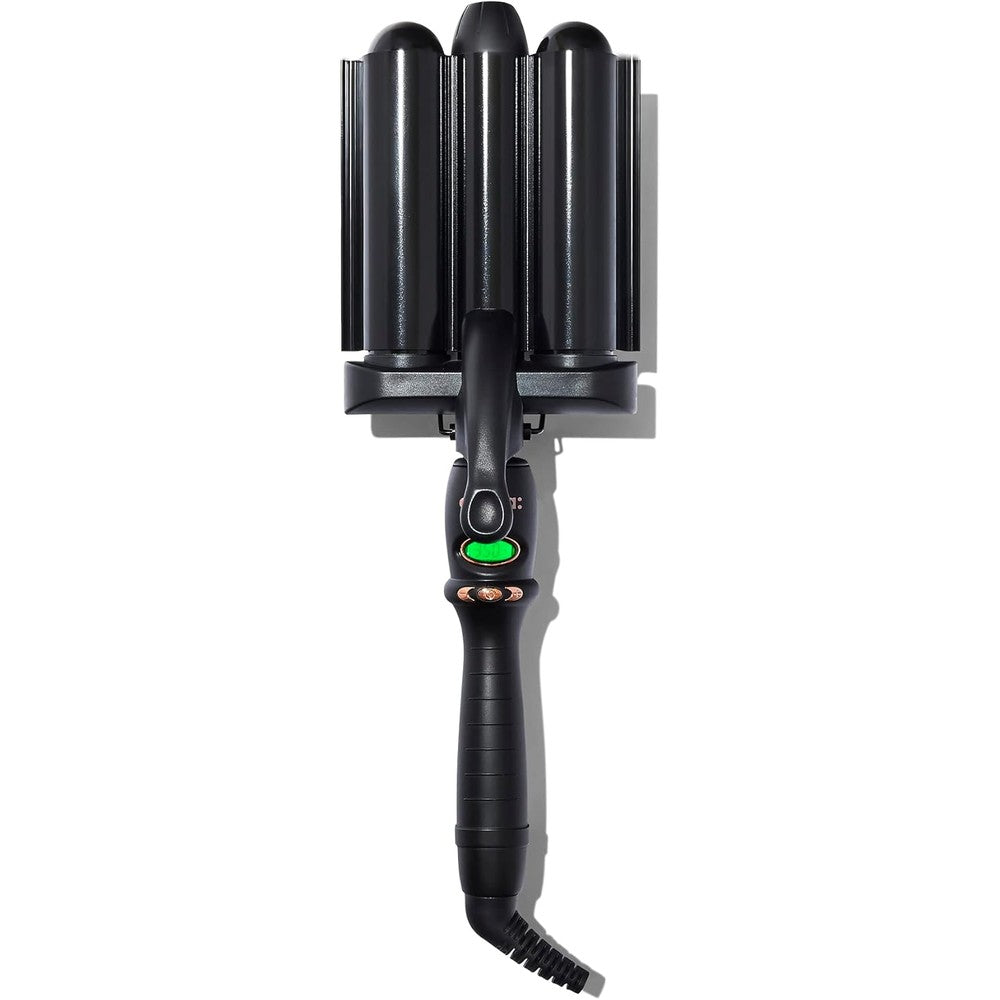 Amika High Tide Jumbo Deep Hair Waver front view showcasing the three black ceramic barrels