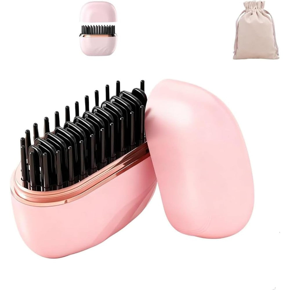 Generic mini rechargeable portable hair straightener brush front view showing pink anti scald body