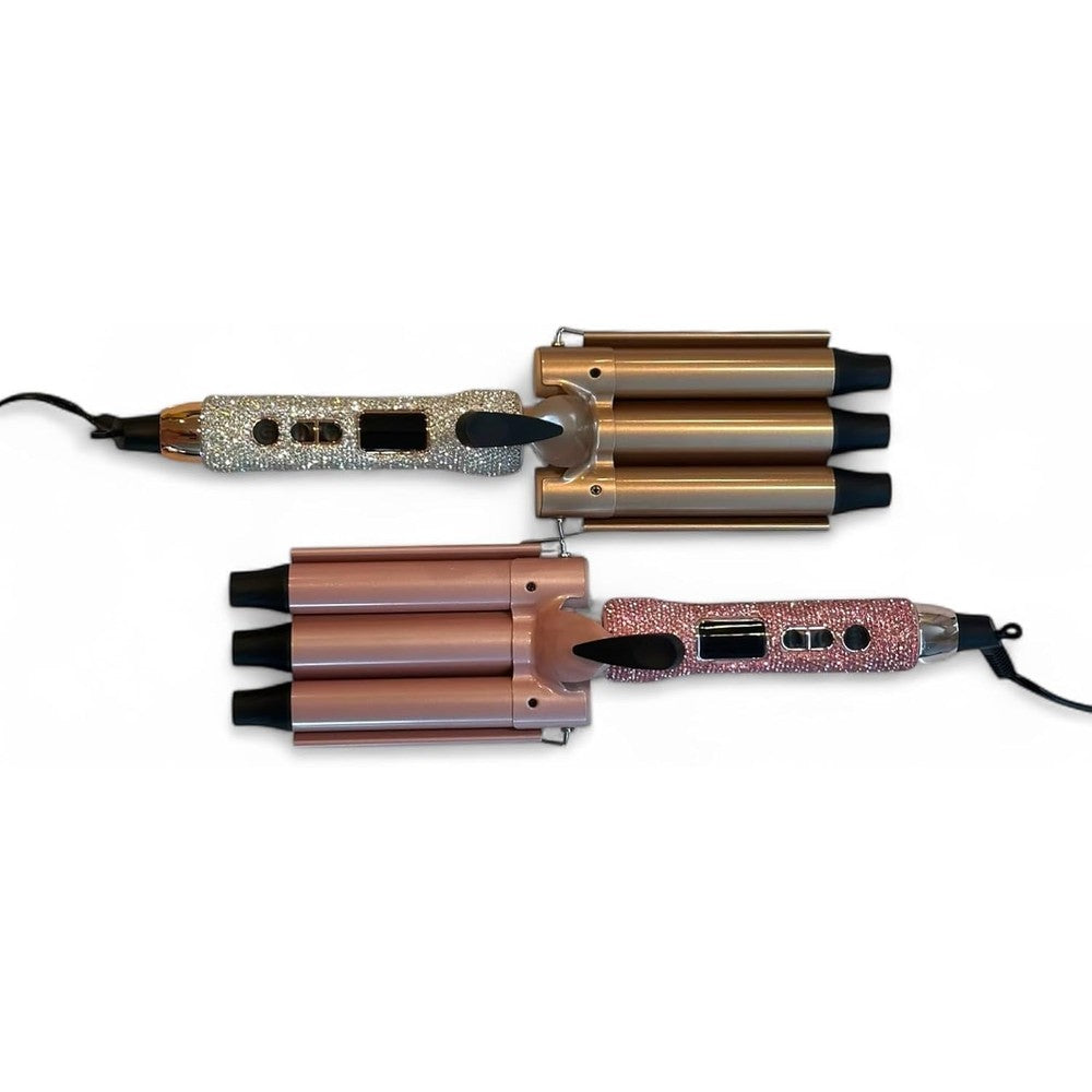 Glitz & Glam Bling Triple Barrel Hair Waver Rose Gold front view showing rhinestone handle