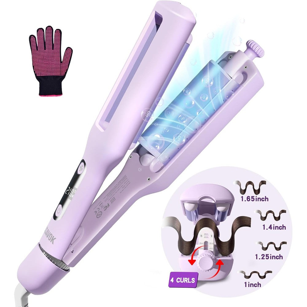Casavok purple hair crimper and waver front view showing deep U shape triple barrel design