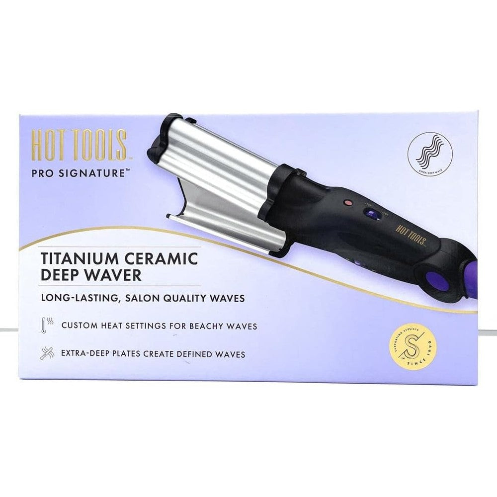 Hot Tools Pro Signature Titanium Ceramic Deep Waver front view showing deep plates for beach waves.