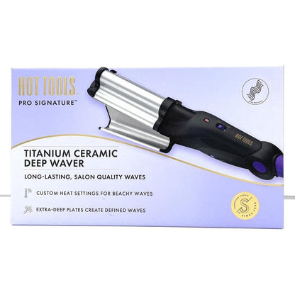 Hot Tools Pro Signature Titanium Ceramic Deep Waver front view showing deep plates for beach waves.