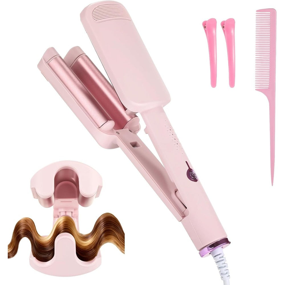 Generic 32mm Hair Waver front view showcasing the pink ceramic barrels and ergonomic anti-scald handle for professional beach wave styling.