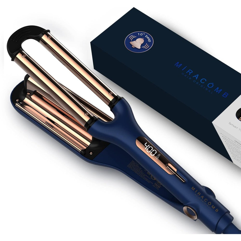 MIRACOMB Titanium Deep Waver Iron front view showcasing royal blue handle and gold-toned triple barrels.