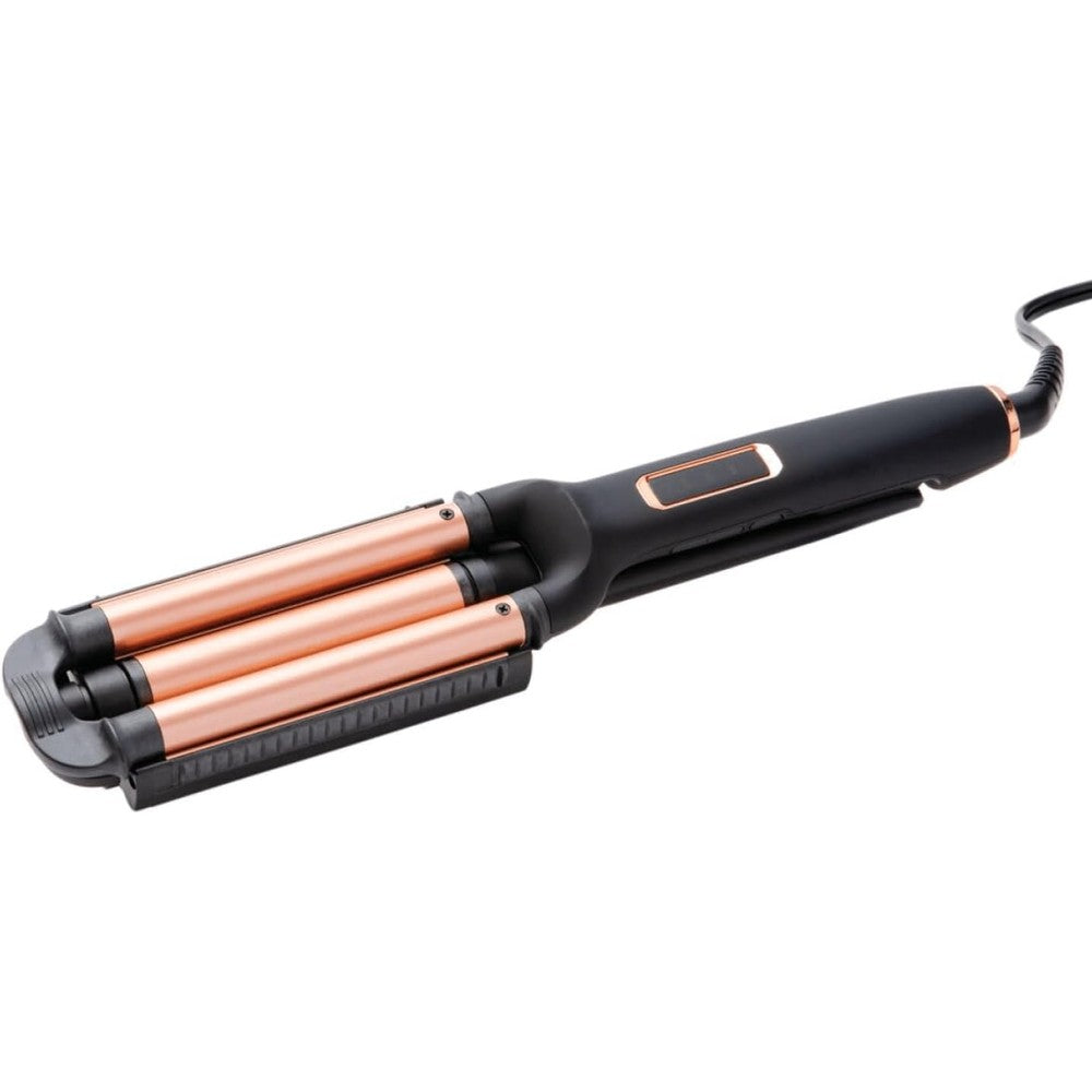 Ion Luxe Adjustable Deep Waver front view showing rose gold copper ceramic barrels and matte black handle