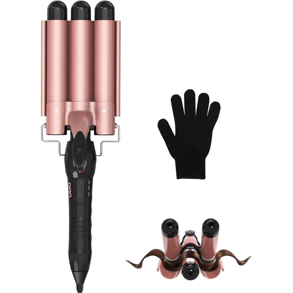 Alure three barrel ceramic hair waver front view showing rose gold barrels.