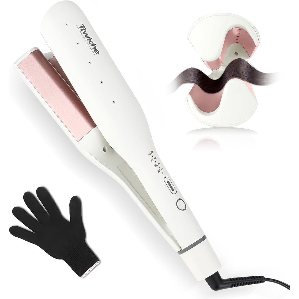 Tiwiche S-Shaped Curling Iron front view showing the white and pink professional design.