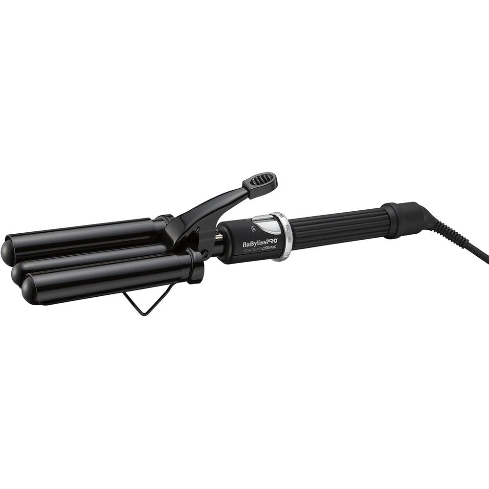 BaBylissPRO Porcelain Ceramic Triple Barrel Waver front view showcasing the black alternating triple cylinder design.