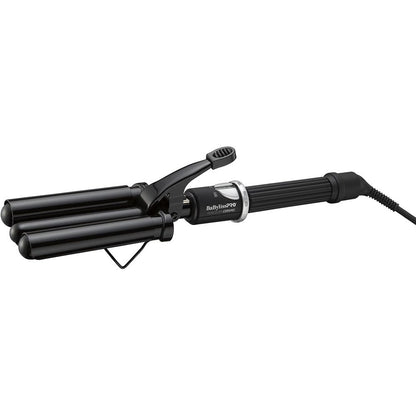BaBylissPRO Porcelain Ceramic Triple Barrel Waver front view showcasing the black alternating triple cylinder design.