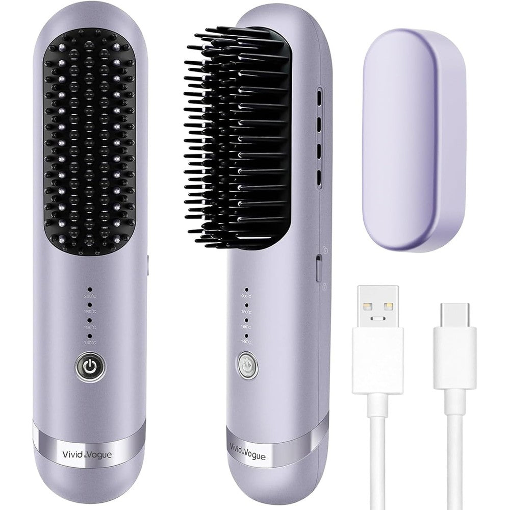 VAV cordless hair straightener brush front view showing lavender finish and LED temperature indicators