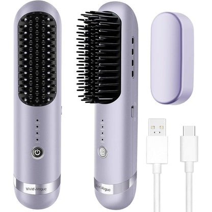 VAV cordless hair straightener brush front view showing lavender finish and LED temperature indicators