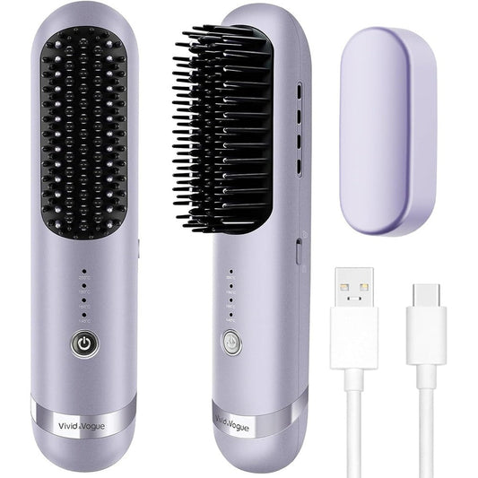 VAV cordless hair straightener brush front view showing lavender finish and LED temperature indicators
