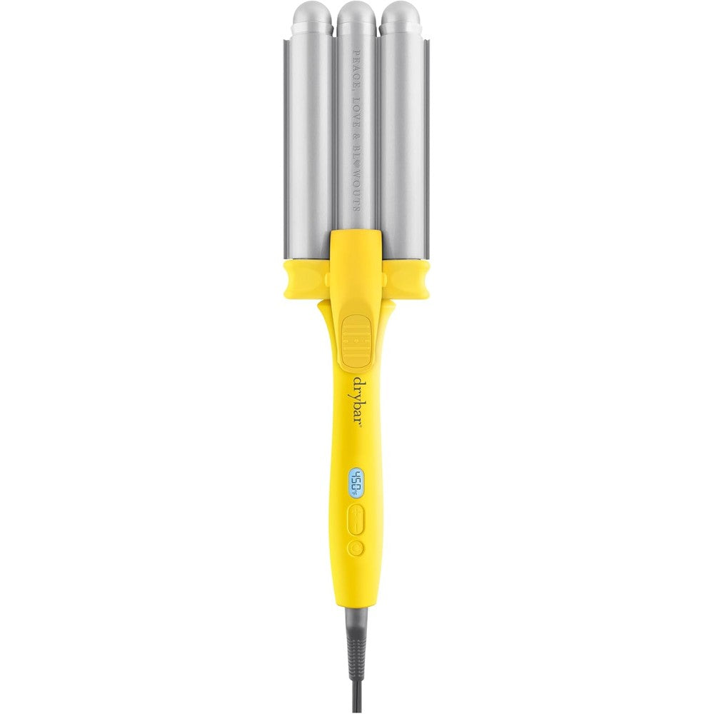 Drybar The Beach Bender Triple Barrel Waver front view in iconic bright yellow
