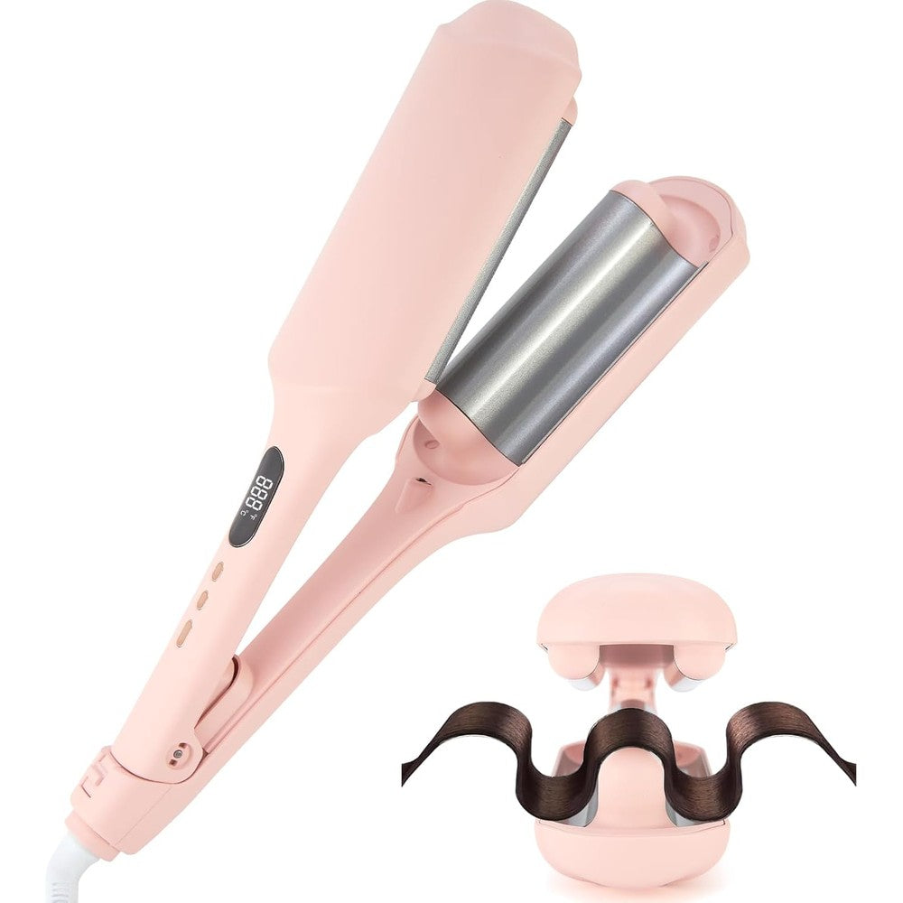 TYMO ROVY triple barrel hair waver front view showing pink ceramic barrels and digital display