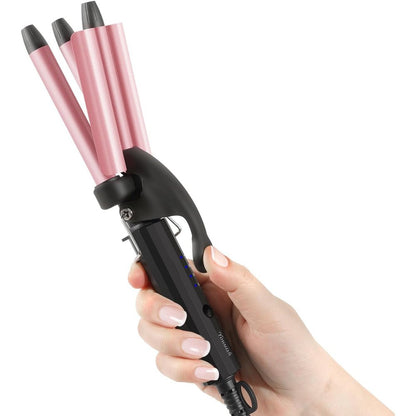 Youuish mini hair crimper front view showing the rose pink three barrel design.
