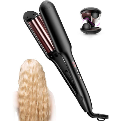 ANWA Double Barrel Hair Waver Crimper Tool front view showing matte black body and rose gold plates