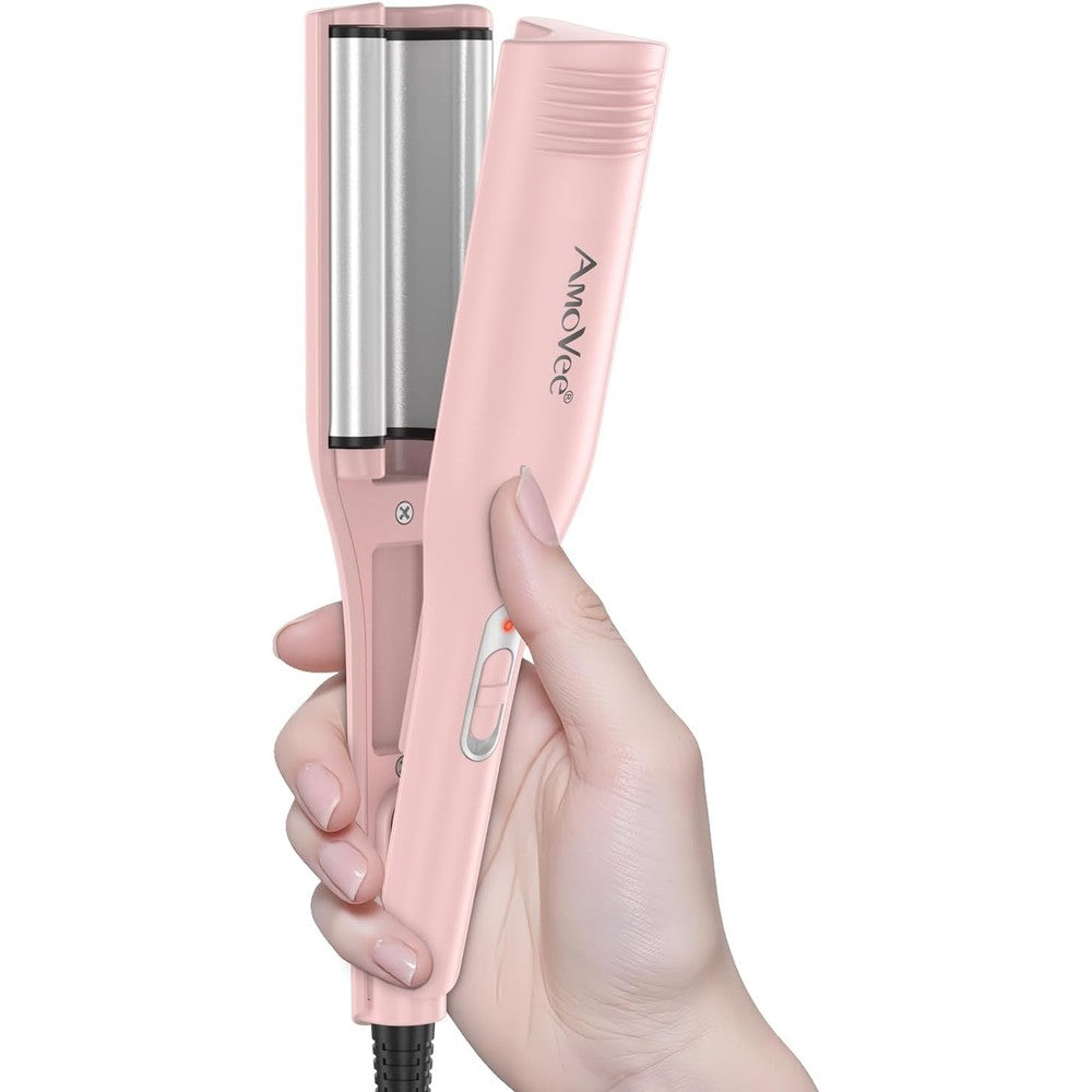 AmoVee Three Barrel Curling Iron Hair Waver front view showcasing the pink mini ceramic barrels.