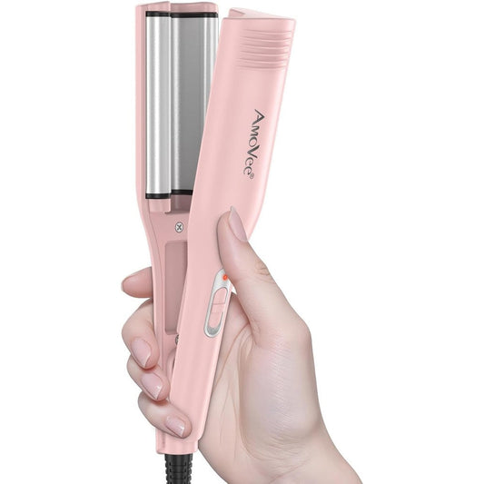 AmoVee Three Barrel Curling Iron Hair Waver front view showcasing the pink mini ceramic barrels.