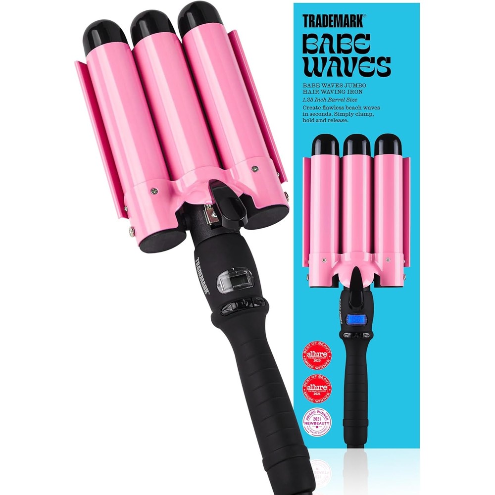 Trademark Beauty Babe Waves Three Barrel Hair Waver front view pink jumbo ceramic styling iron