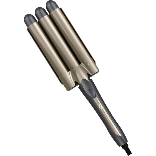Conair InfinitiPRO Triple Barrel Waver front view showing the three gray 1 inch barrels