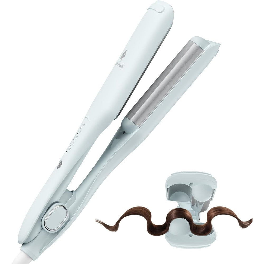 MiroPure Waves Curling Wand 1 inch front view showing the blue ceramic barrels and digital display screen.