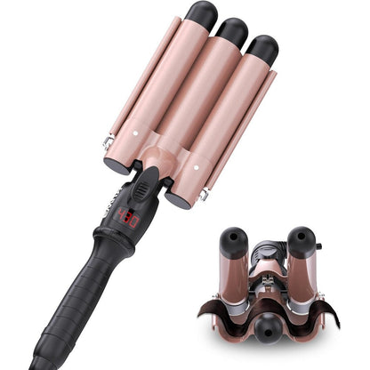 Kuwa crimper hair tool front view showcasing the rose gold triple barrels and digital LCD display screen.