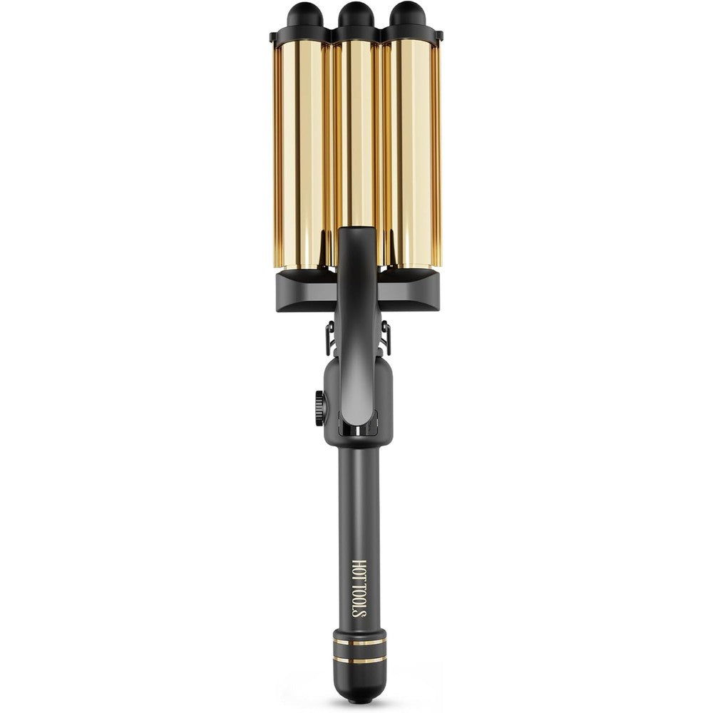 Hot Tools Pro Artist 24K Gold Digital 3 Barrel Hair Waver front view showcasing the signature gold triple barrels