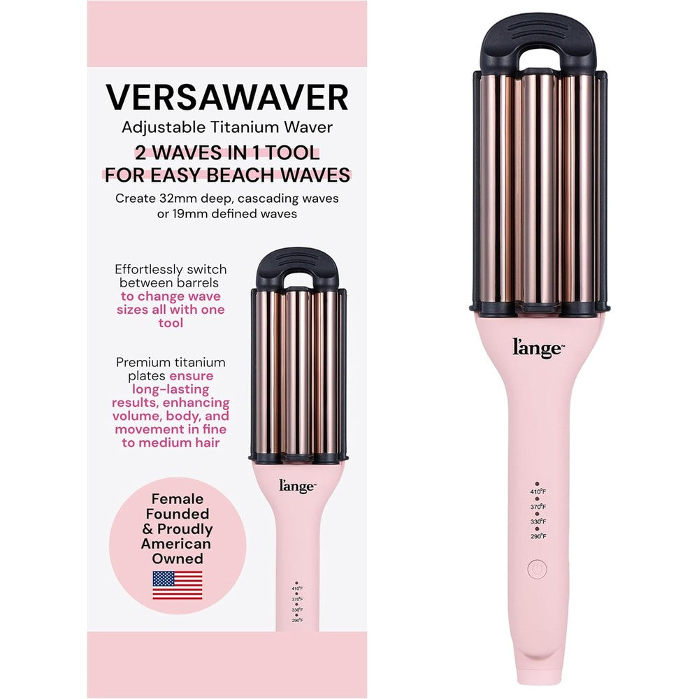 L'ANGE Hair VersaWaver adjustable titanium waver in blush front view showcasing the three barrel design