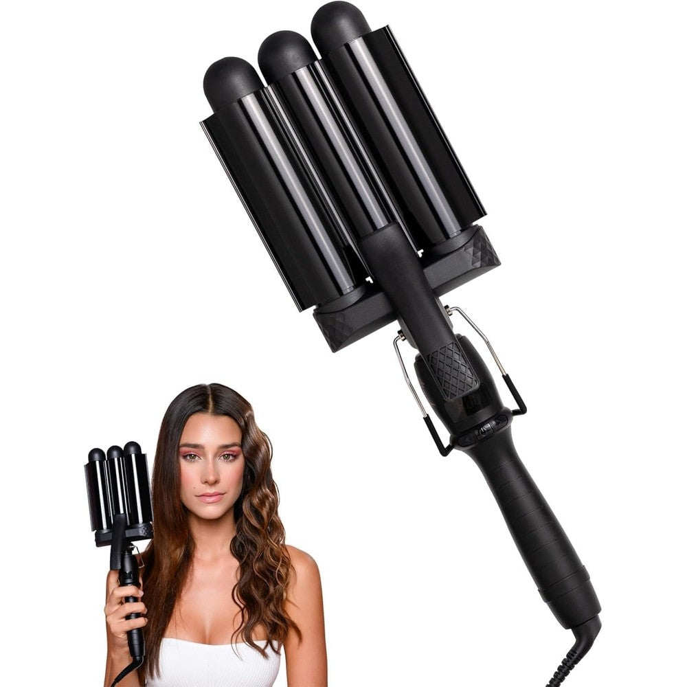 Mermade Hair PRO Hair Waver 32mm black front view showcasing the three ceramic barrels