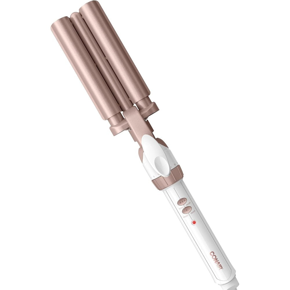 Conair Double Ceramic Triple Barrel Curling Iron front view showcasing white and rose gold design for deep waves.