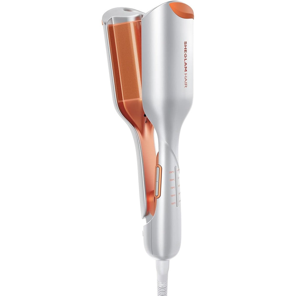 SHEGLAM Hair Beach Babe Hair Waver front view showcasing silver body and rose gold double barrels.