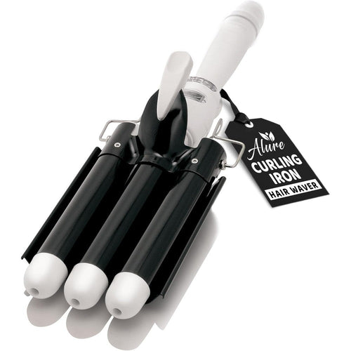 Alure three barrel curling iron hair waver front view showing black and white ceramic tourmaline barrels