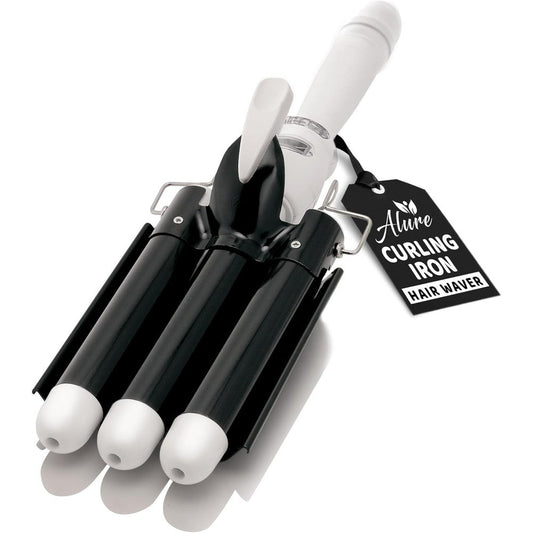 Alure three barrel curling iron hair waver front view showing black and white ceramic tourmaline barrels