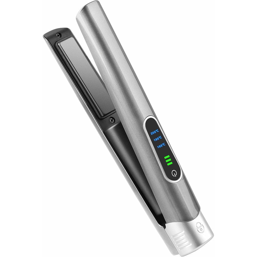 DESIPESI cordless hair straightener and curling iron front view showing the sleek portable black design and titanium plates