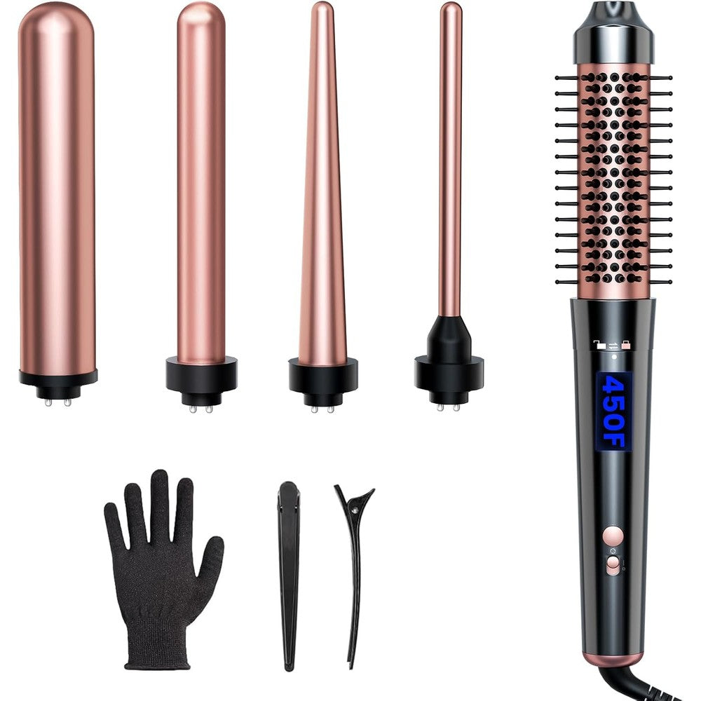 Bo'laiya 5 in 1 Curling Wand Set front view showcasing the rose gold handle and all five interchangeable barrels.
