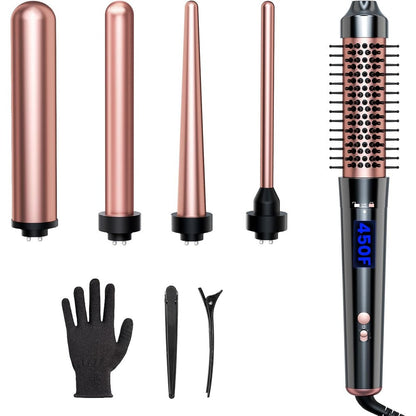 Bo'laiya 5 in 1 Curling Wand Set front view showcasing the rose gold handle and all five interchangeable barrels.