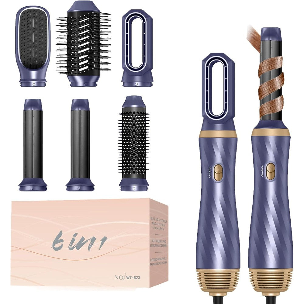 OKWRAP 6 in 1 hair dryer brush set front view showing the main power handle and premium air styler attachments.
