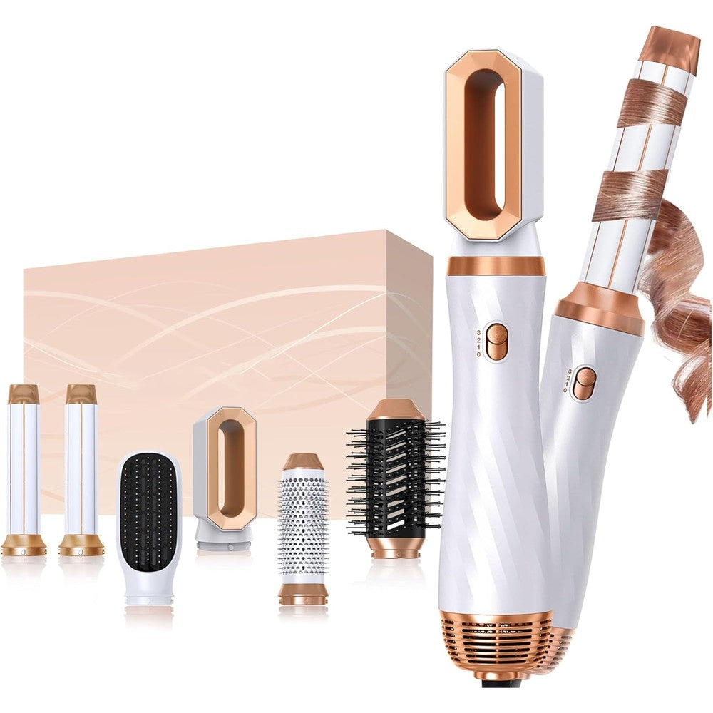 Yitrust 6 in 1 blow dryer brush front view with all six interchangeable attachments displayed.
