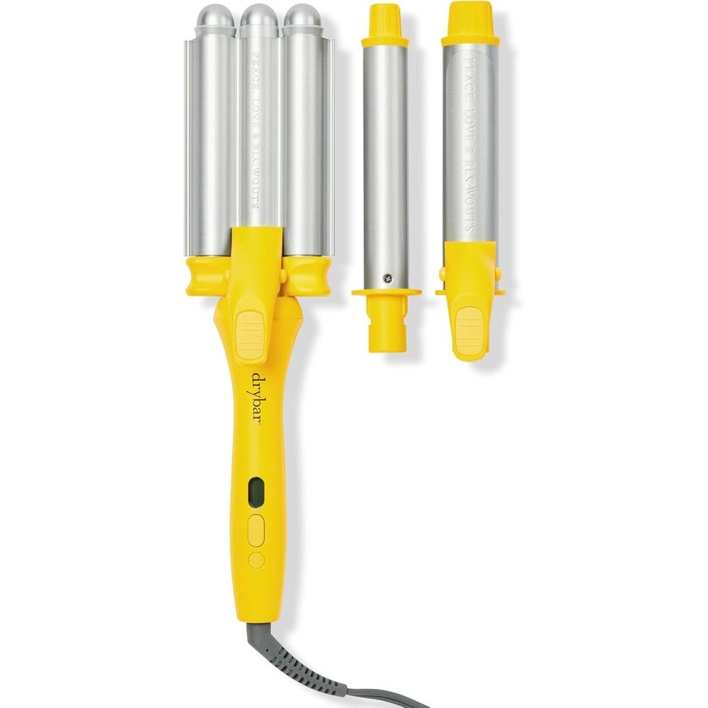 Drybar The Mixologist Interchangeable Styling Iron kit showing the main handle and three interchangeable barrels