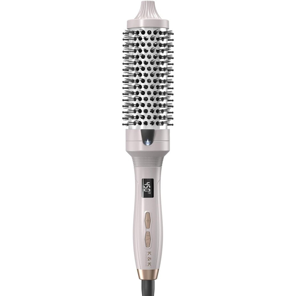 K&K thermal brush heated round brush front view showing silver one point five inch ceramic tourmaline barrel