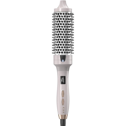 K&K thermal brush heated round brush front view showing silver one point five inch ceramic tourmaline barrel