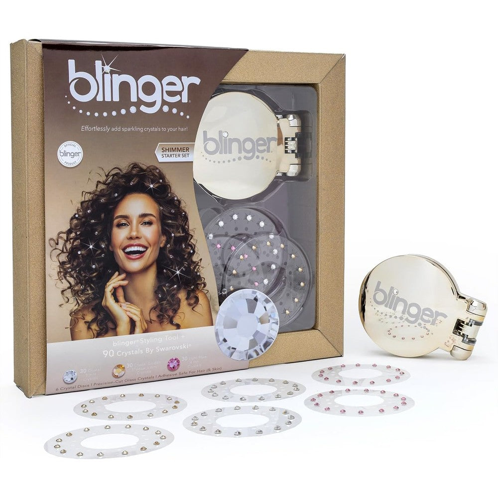 Blinger Shimmer Starter Kit front view showing gold plated hair gem stamper packaging