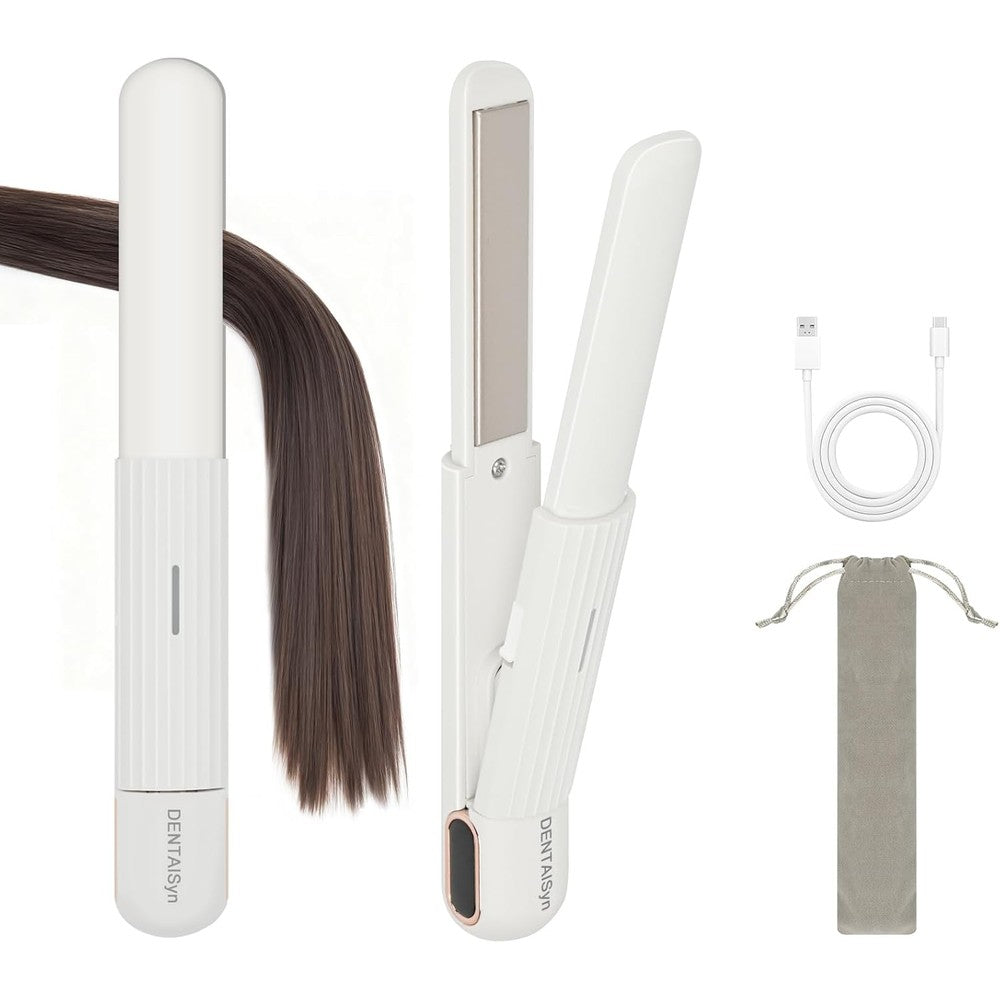 DENTAISyn USB hair straightener iron front view showing white compact body and titanium plates.