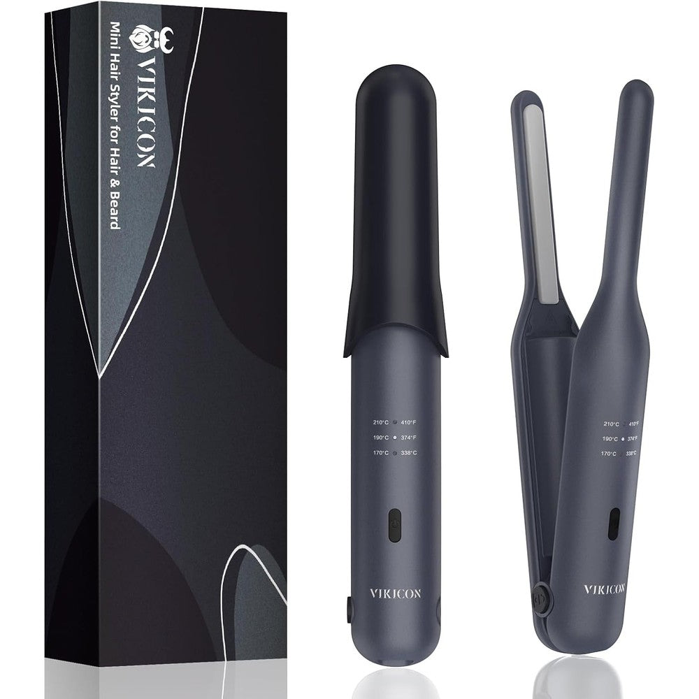 VIKICON cordless mini hair straightener front view showcasing sleek black handle and thin pencil iron plates