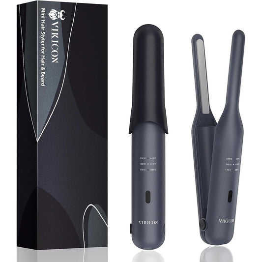 VIKICON cordless mini hair straightener front view showcasing sleek black handle and thin pencil iron plates