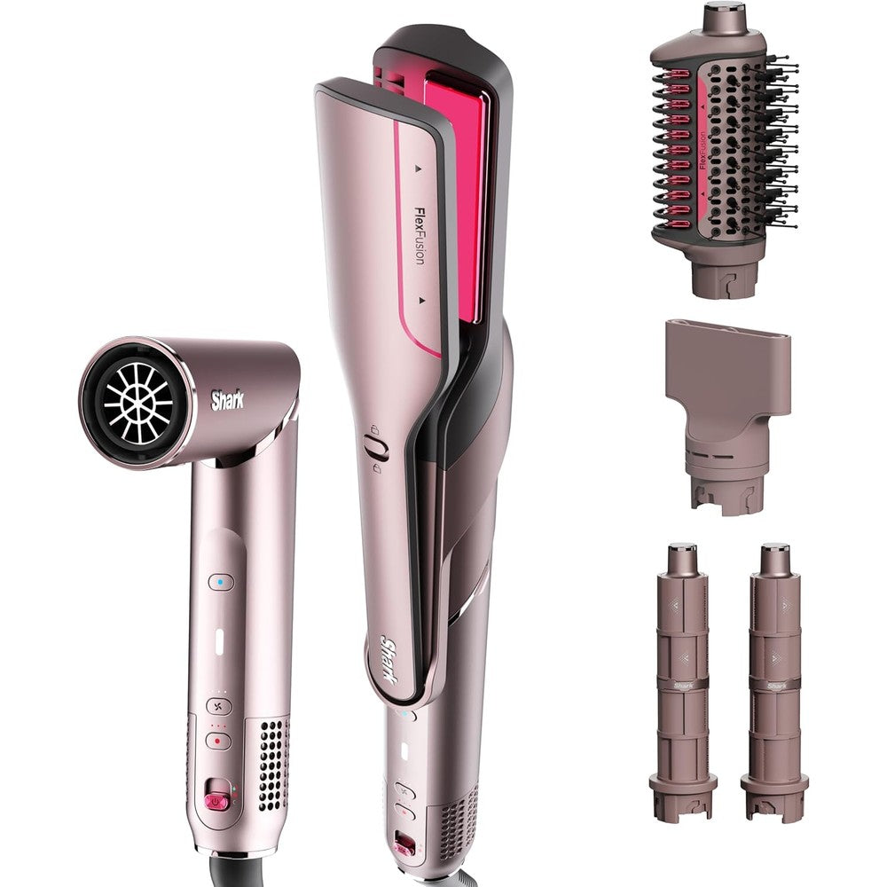 Shark FlexFusion hair straightener and dryer in cosmic blush front view lifestyle shot.