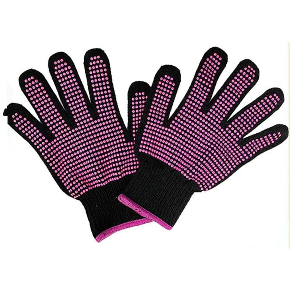 Generic silicone bump heat resistant glove front view showing black fabric and rose red dots for hair styling safety